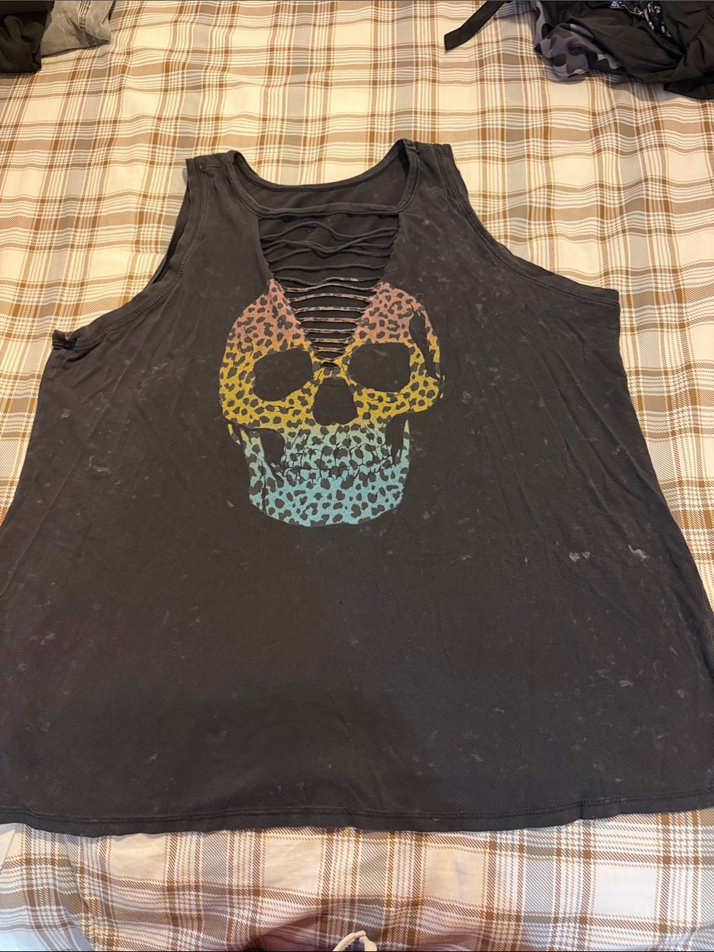 Torrid Black Sleeveless Skull Tank with Rainbow Leopard Print